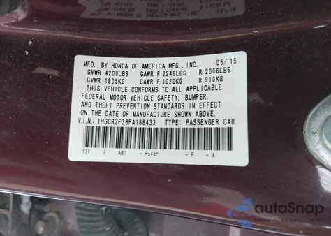 2015 Honda Accord Lx from USA, damaged, VIN 1HGCR2F38FA188433